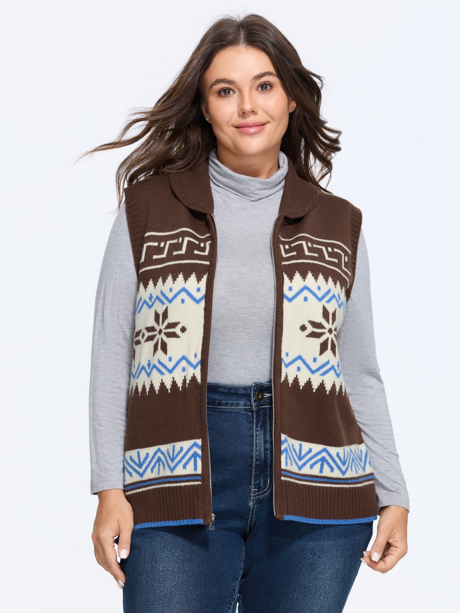 Fair Isle Snowflake Zip Up Sleeveless Cardigan