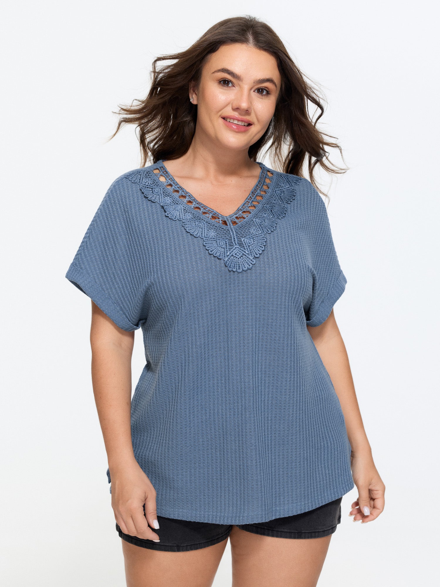 Cut-Out Lace V-Neck Plain Knit Top