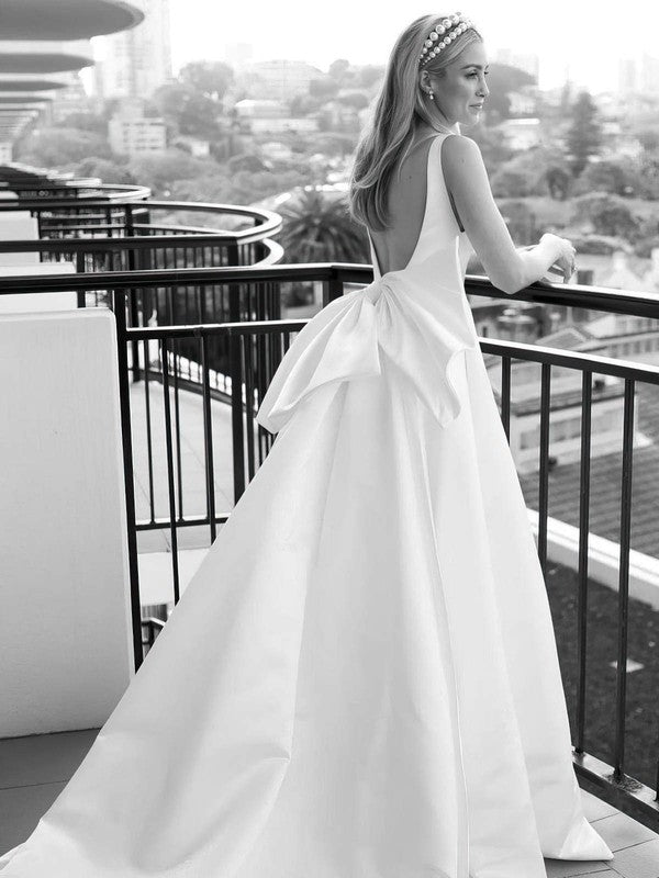 Gorgeous Chapel Train V-Neck Backless Satin Wedding Dresses with Bow