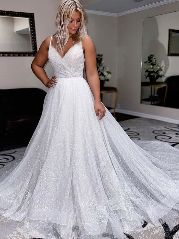 Stunning V-Neck Spaghetti Straps Sequined Chapel Train Wedding Dresses