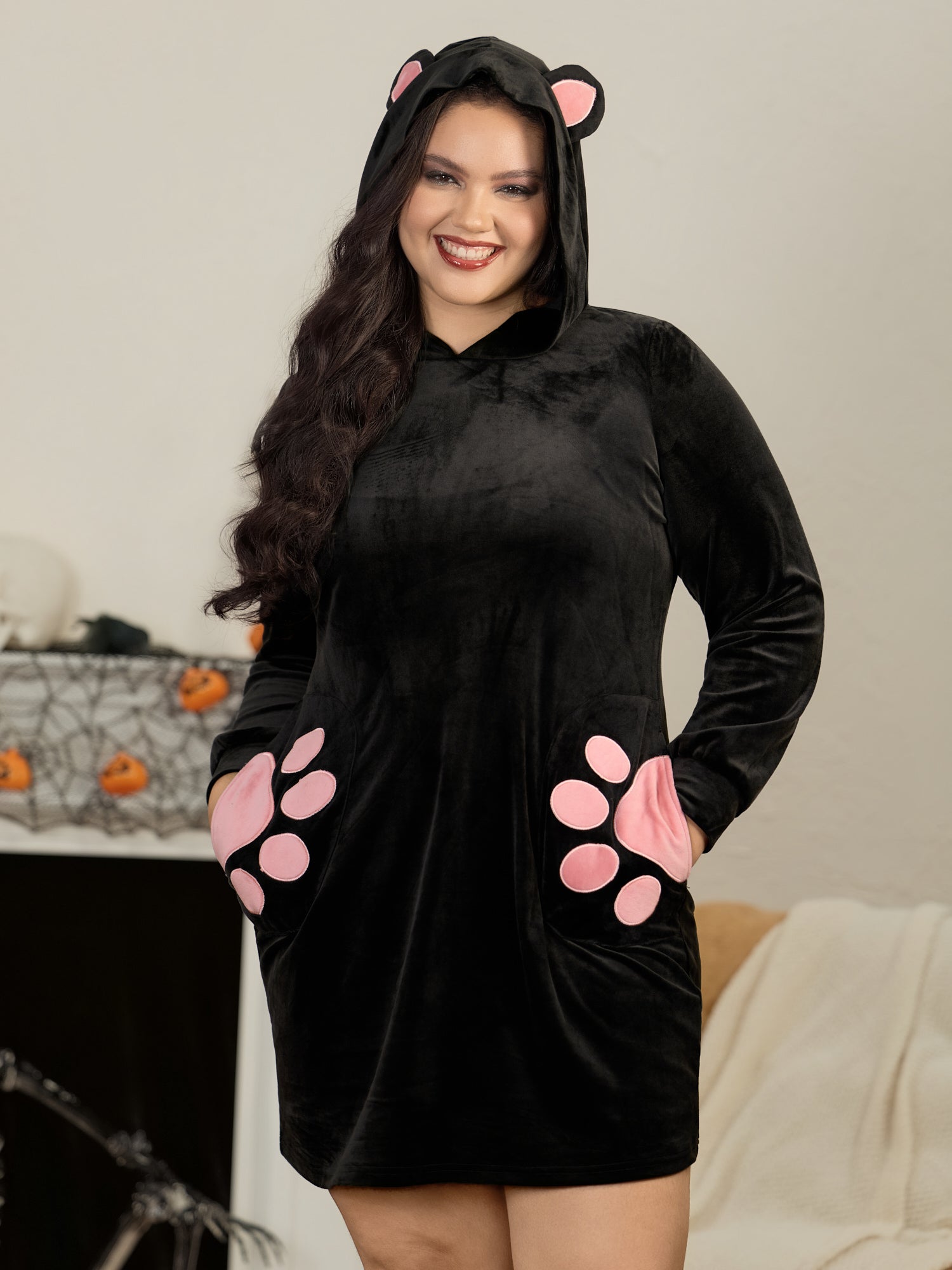 Velvet Paw Pockets Cat Ear Hooded Nightgown