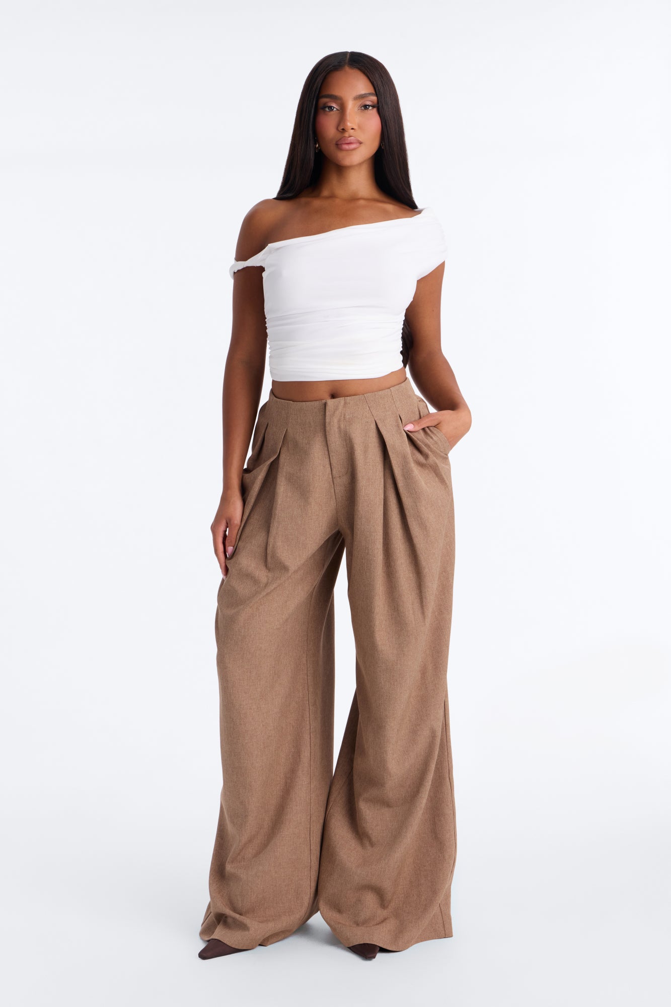 Saoirse Low Rise Pleated Wide Leg Trouser - Taupe