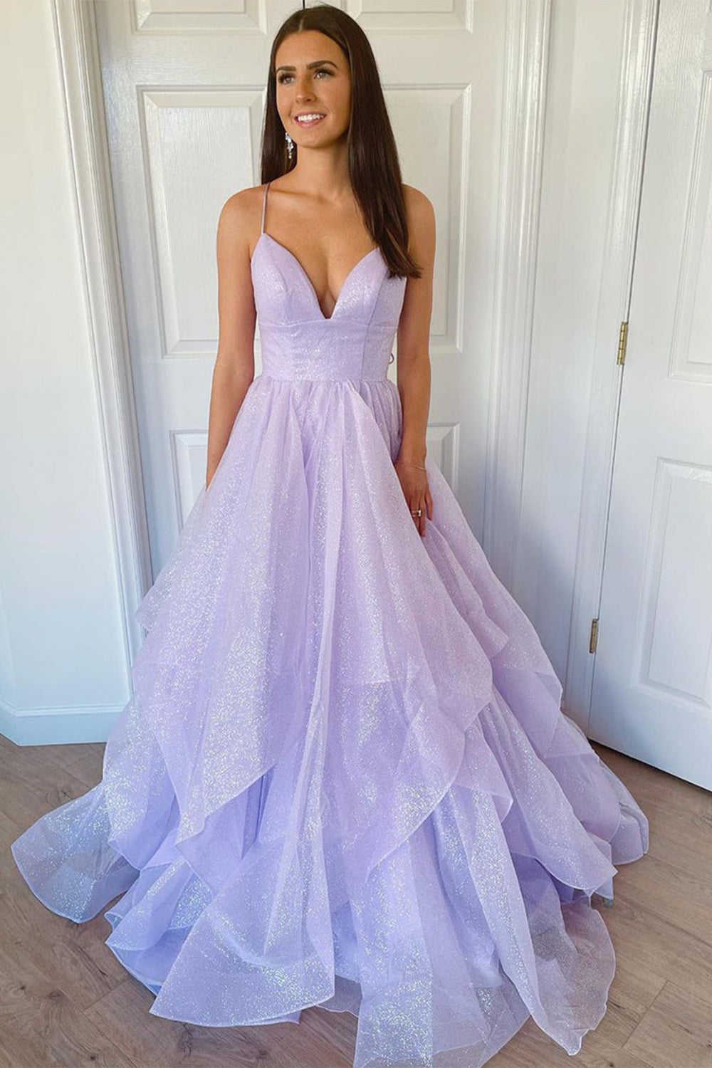 Prom Dress with Lilac Glitter Spaghetti Straps