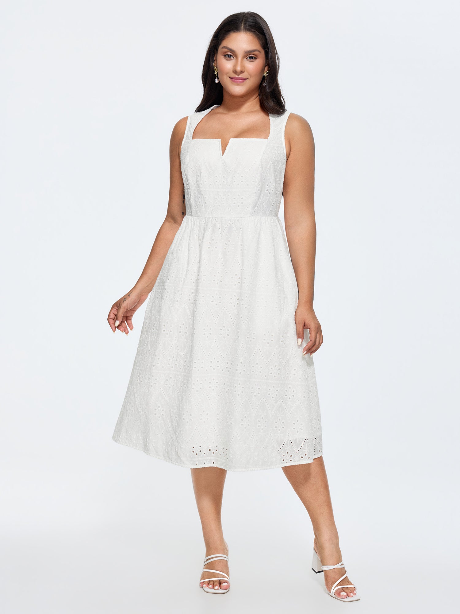 Cotton Eyelet Embroidered Split Neckline Midi Dress