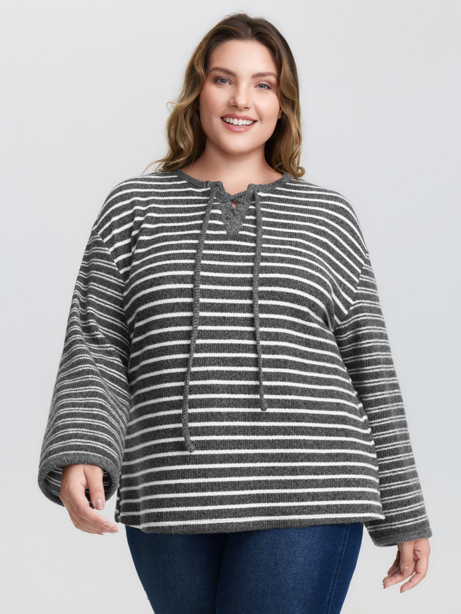 Ribbed Stripe Textured Neck-Tie T-Shirt
