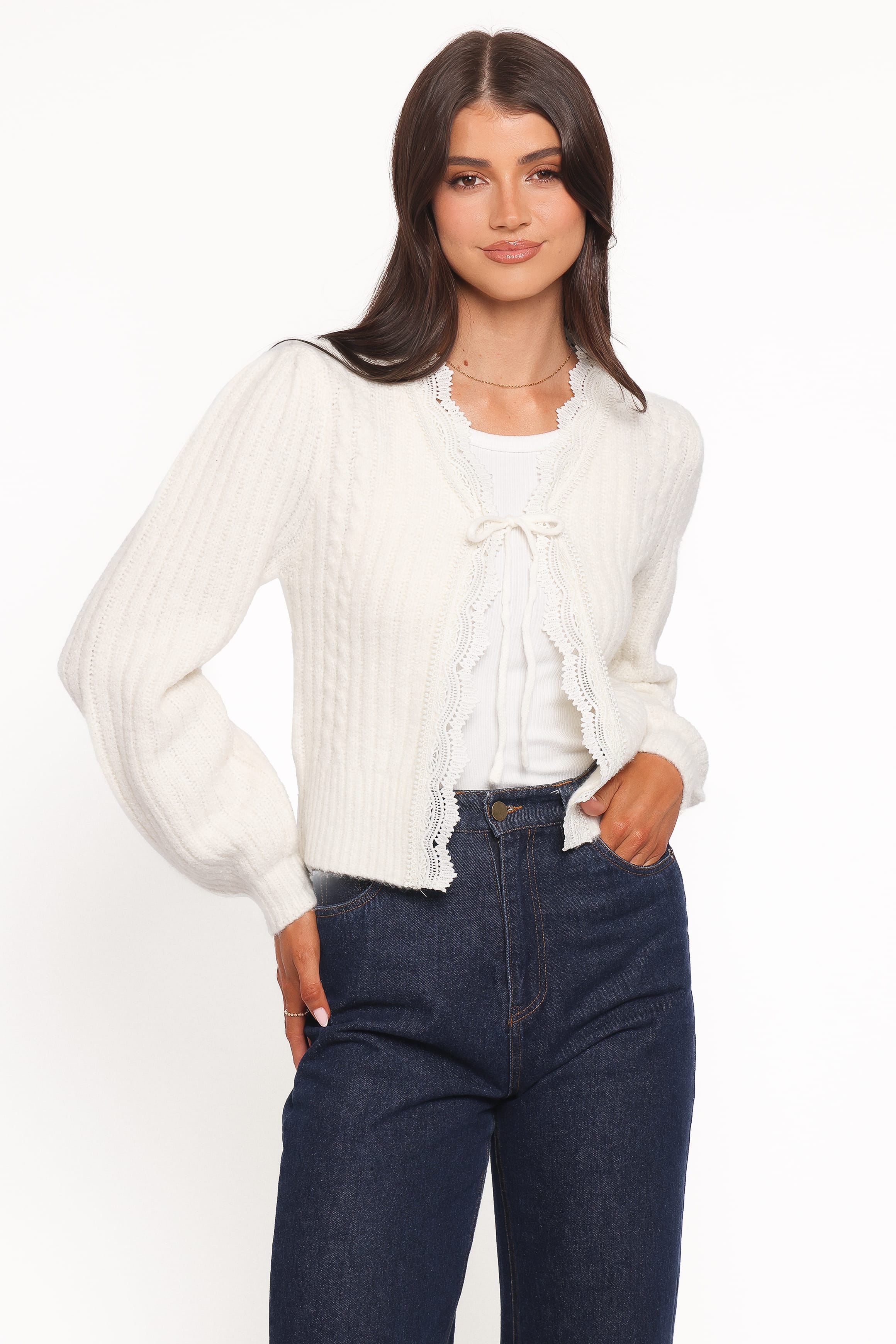 Silvie Lace Front Tie Cardigan - Cream