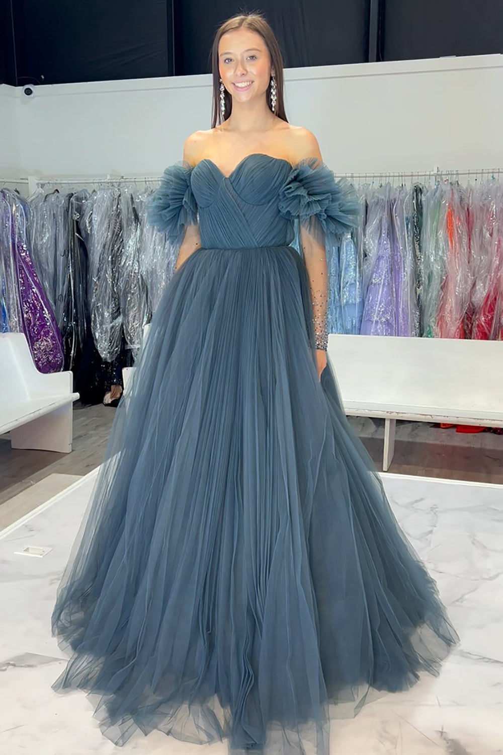 Princess Off-the-Shoulder Long Prom Dress in Grey Blue Tulle