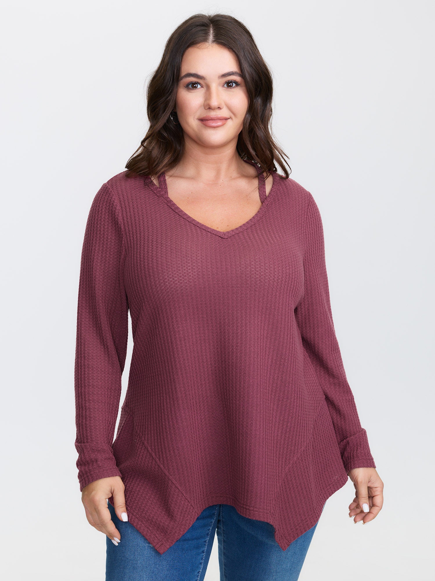 Textured Asymmetrical Hem Cut-Out Knit Top