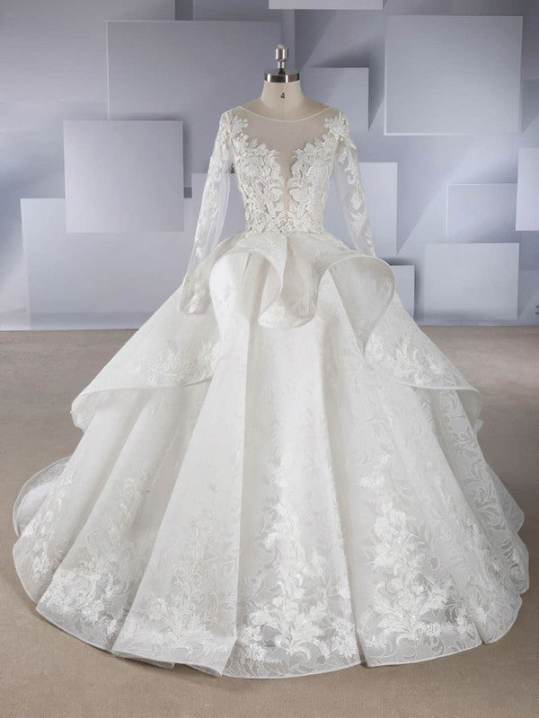 Deluxe Long Sleeves Organza Chapel Train Wedding Dresses with Cascading Ruffles