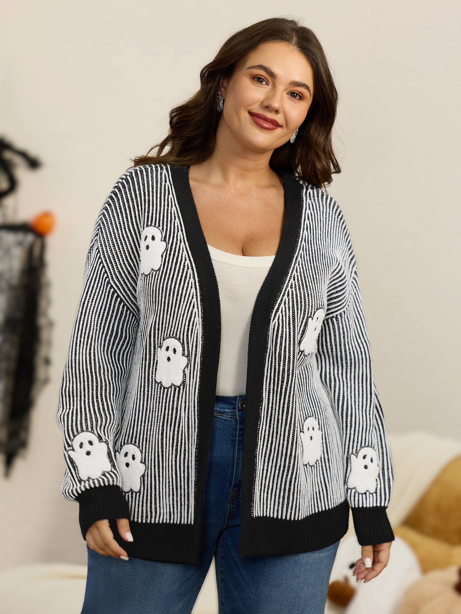 Vertical Stripe Ghost Patch Embroidery Cardigan