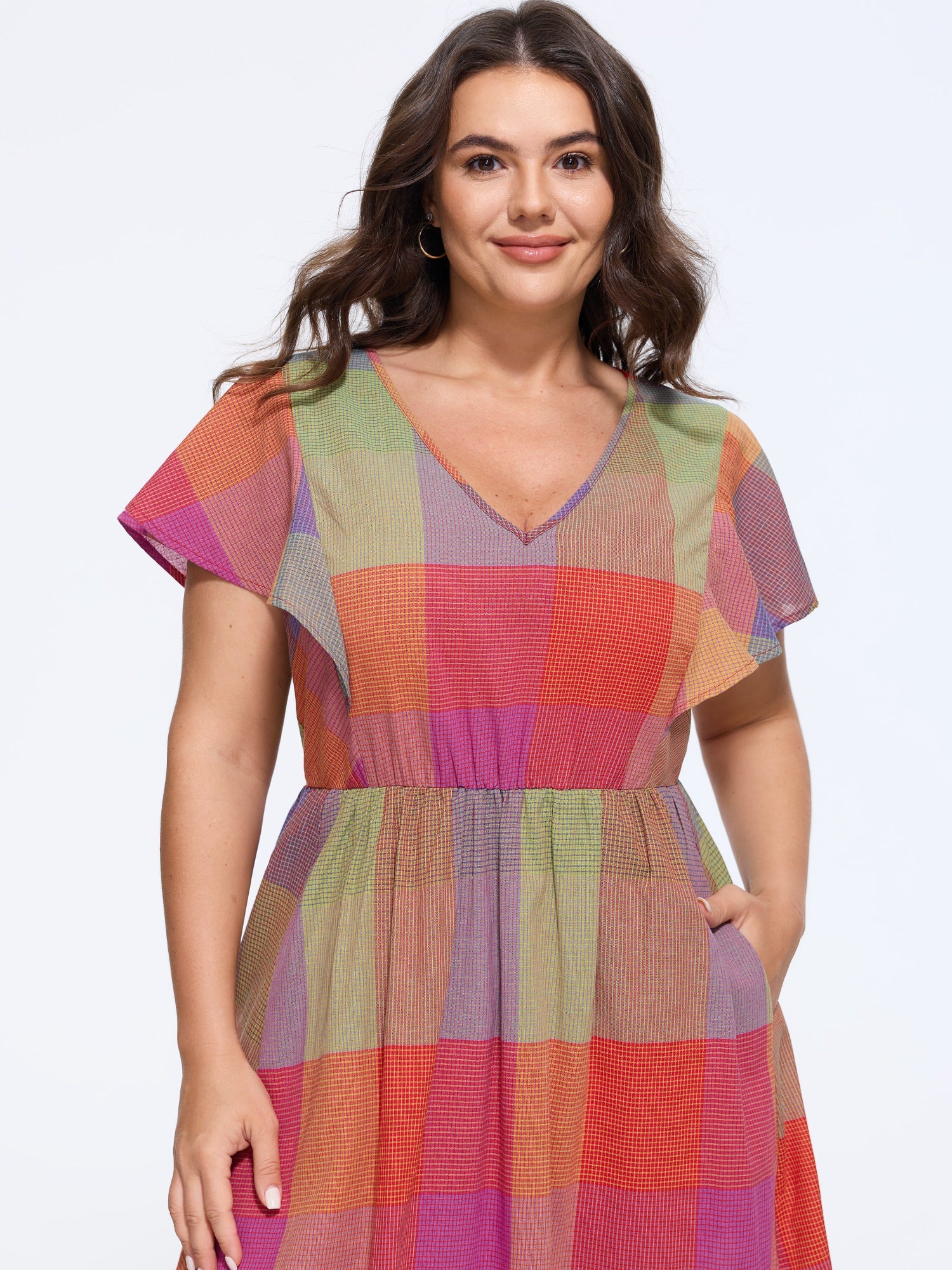 Cotton Color Block Plaid Flutter Sleeve Tiered Maxi Dress