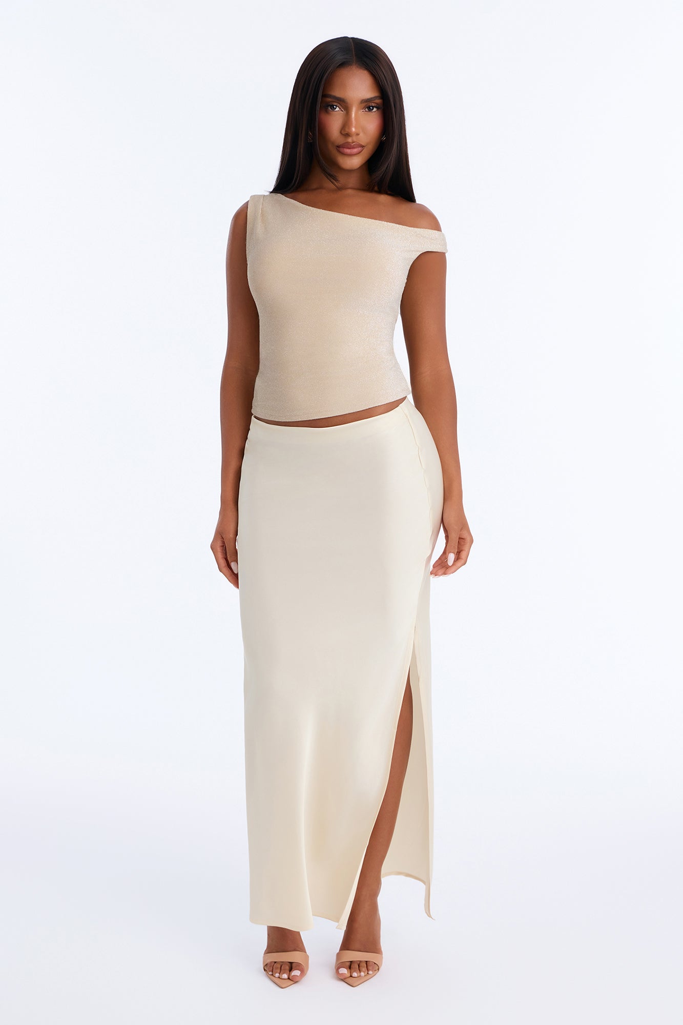Bella Low Rise Satin Ankle Maxi Skirt - Ivory