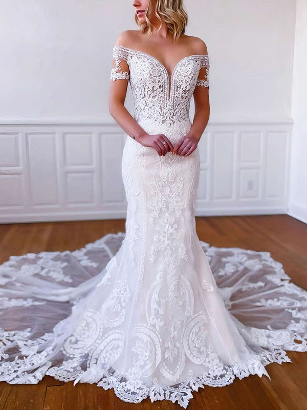 Classic Chapel Train Off-The-Shoulder Trumpet Lace Tulle Wedding Dresses with Beads