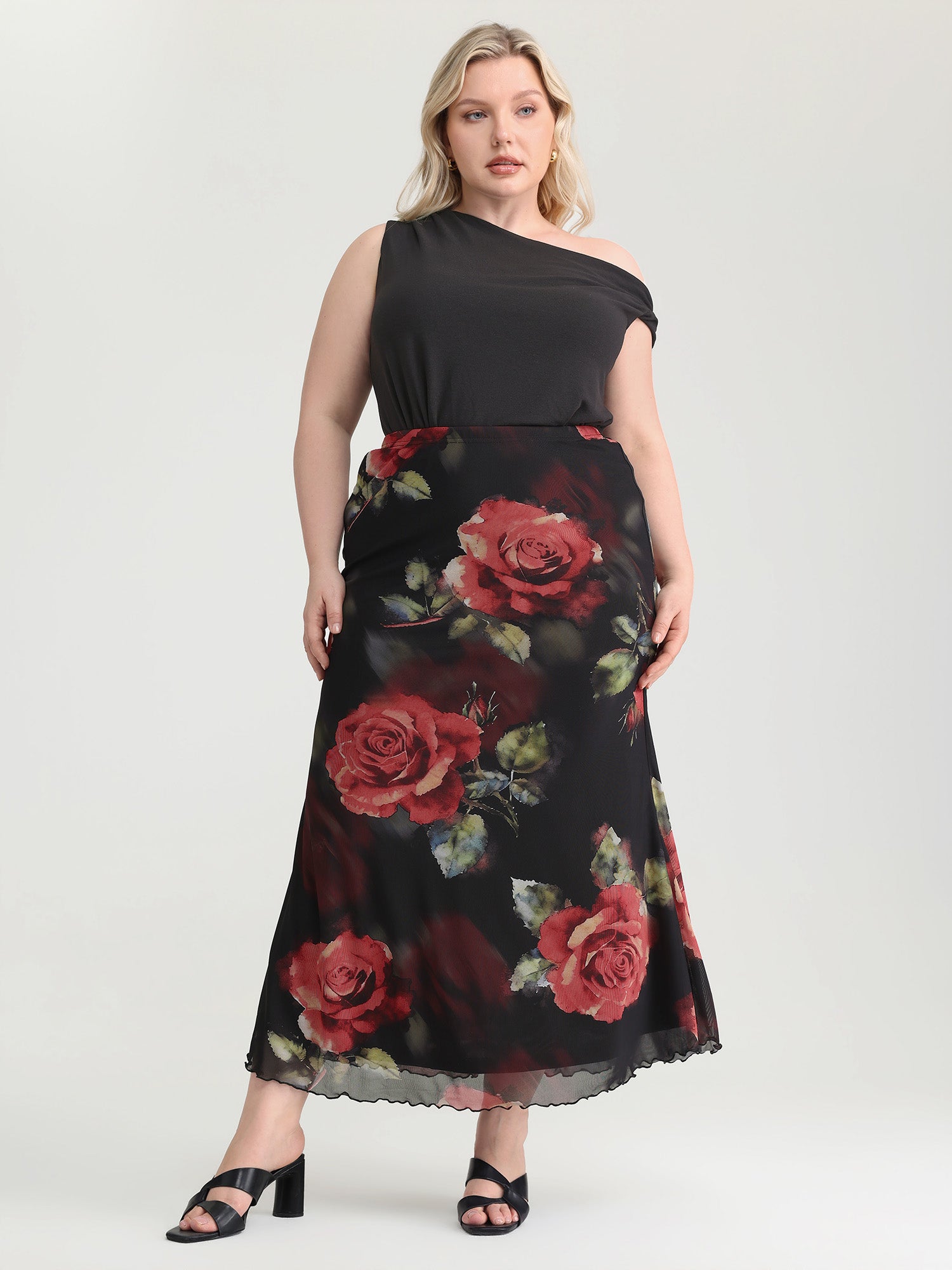 Romantic Rose Print Elastic Mesh Maxi Skirt