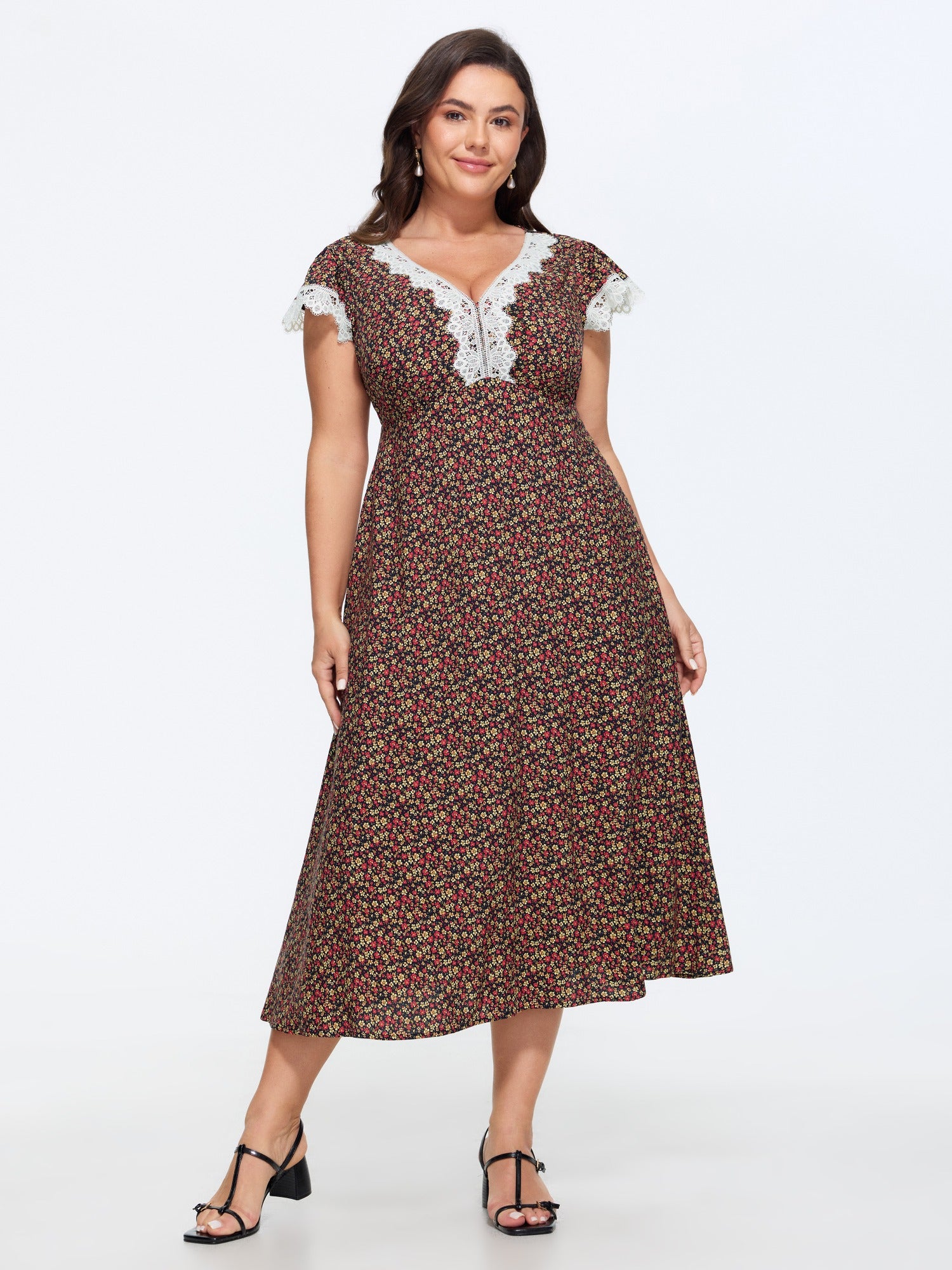 Micro-Floral Print Lace Trim Midi Dress