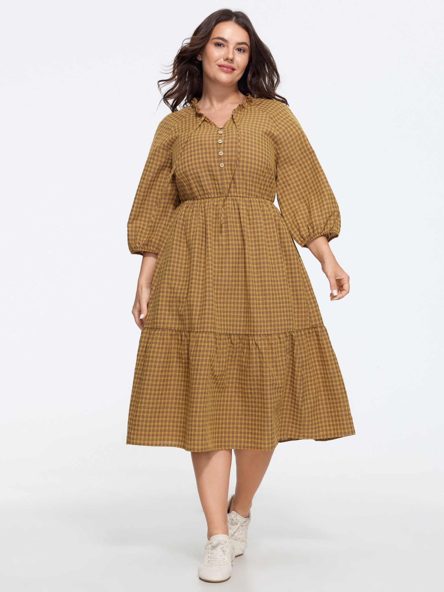 Textured Plaid Elastic Waist Tiered Midi Dress