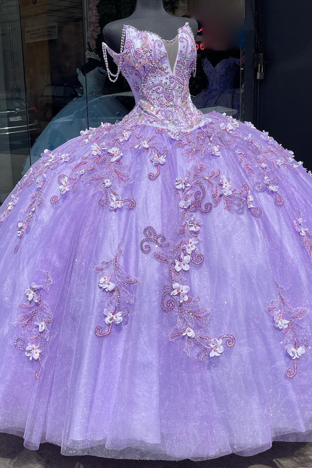 Off the Shoulder Purple Ball Gown with Sparkly Beaded Applique and Tulle for Quinceanera