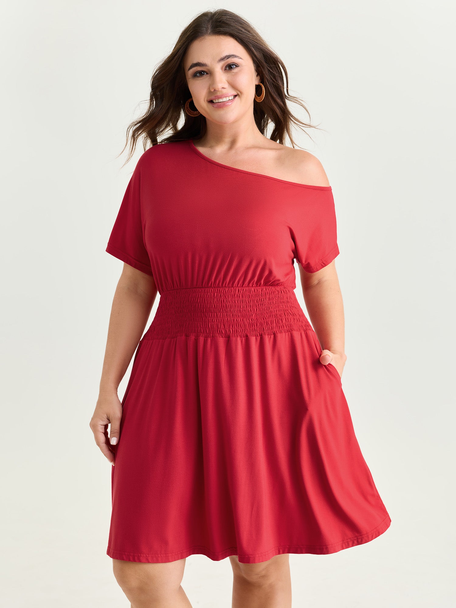 Stretchy Off-Shoulder Shirred Waist Mini Dress