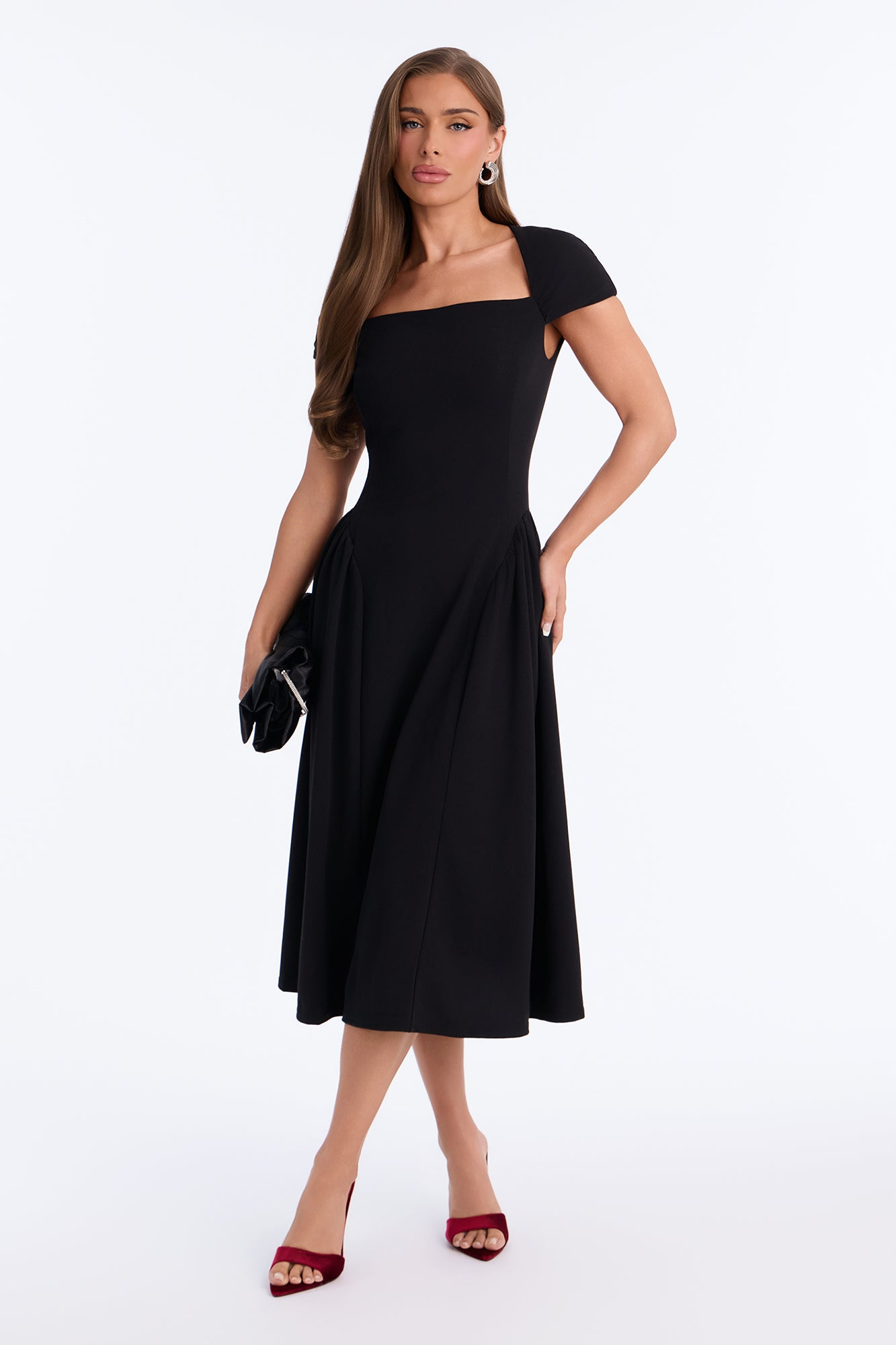 First Sunday Cap Sleeve Stretch Crepe Midi Dress - Black