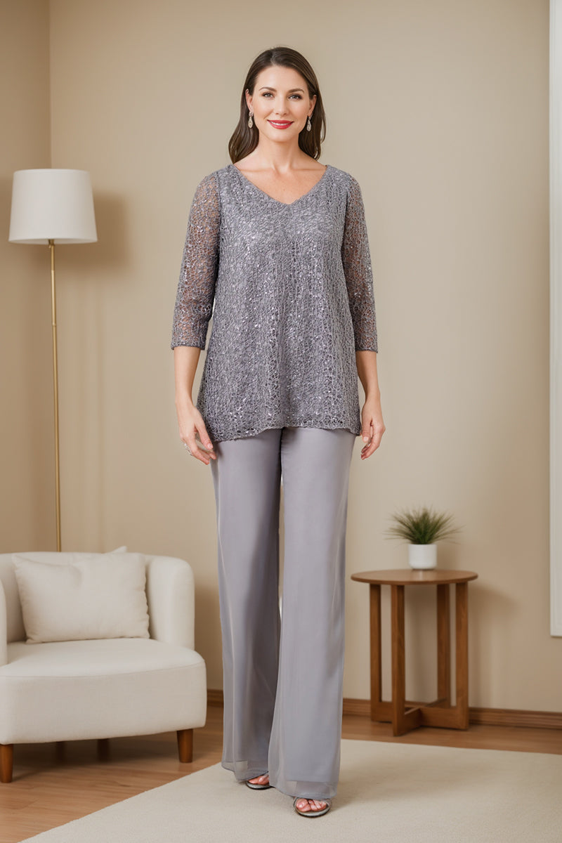 3/4 Sleeve V-Neck Chiffon Mother of the Bride Pantsuit with Sequins