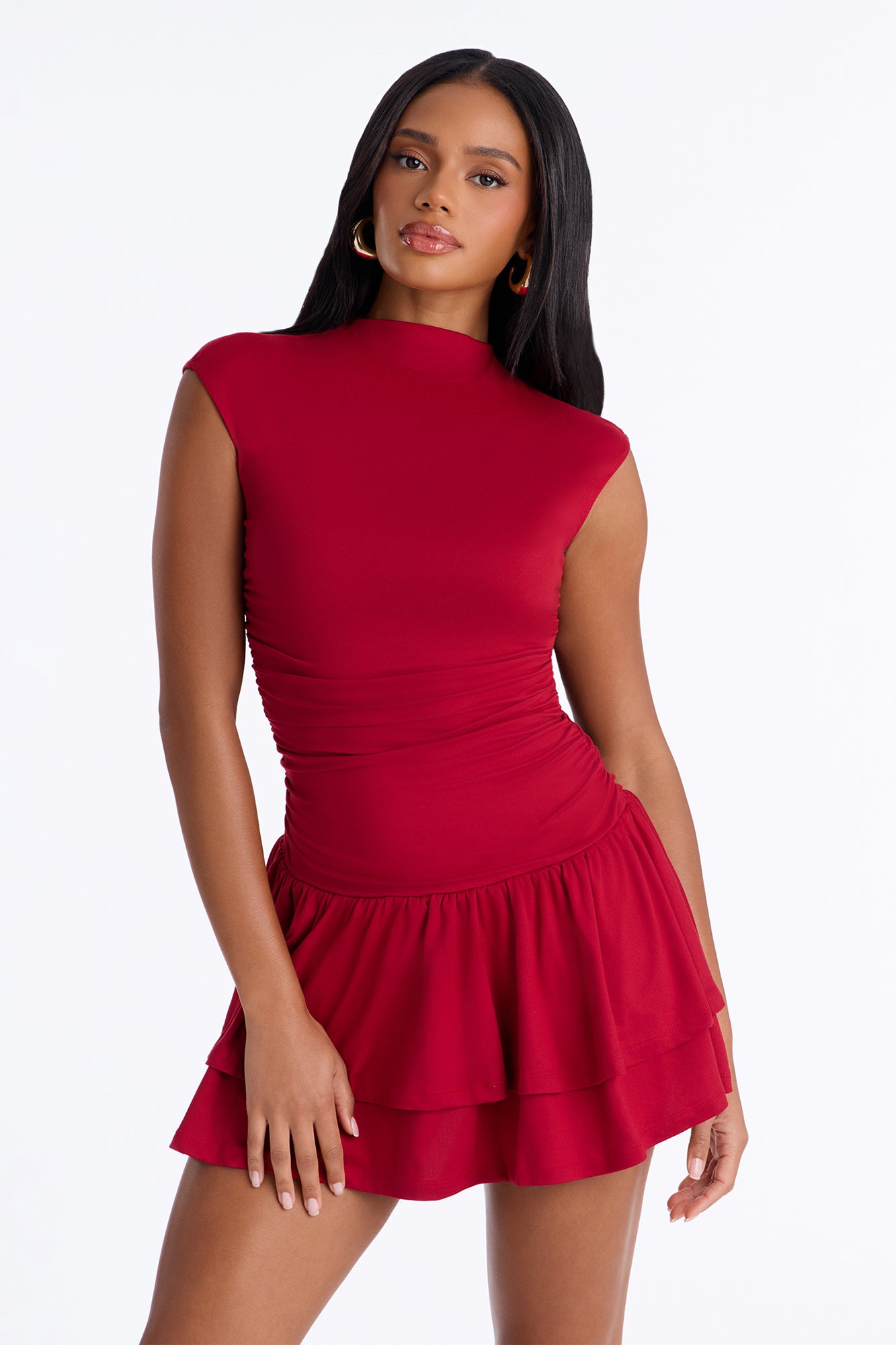 Anna Short Sleeve Mini Dress - Burgundy