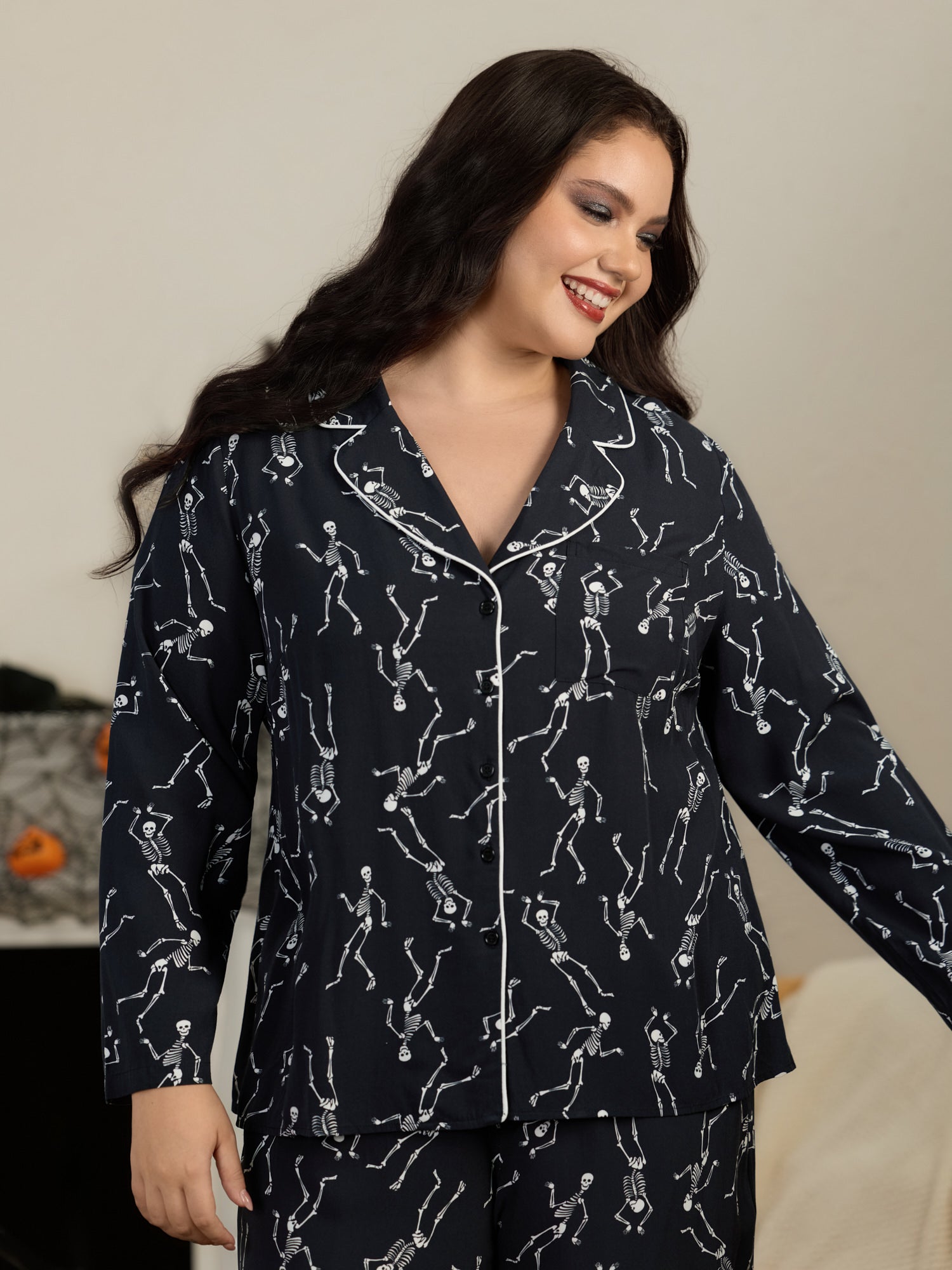 Supersoft Skeleton Print Button Down Lounge Top