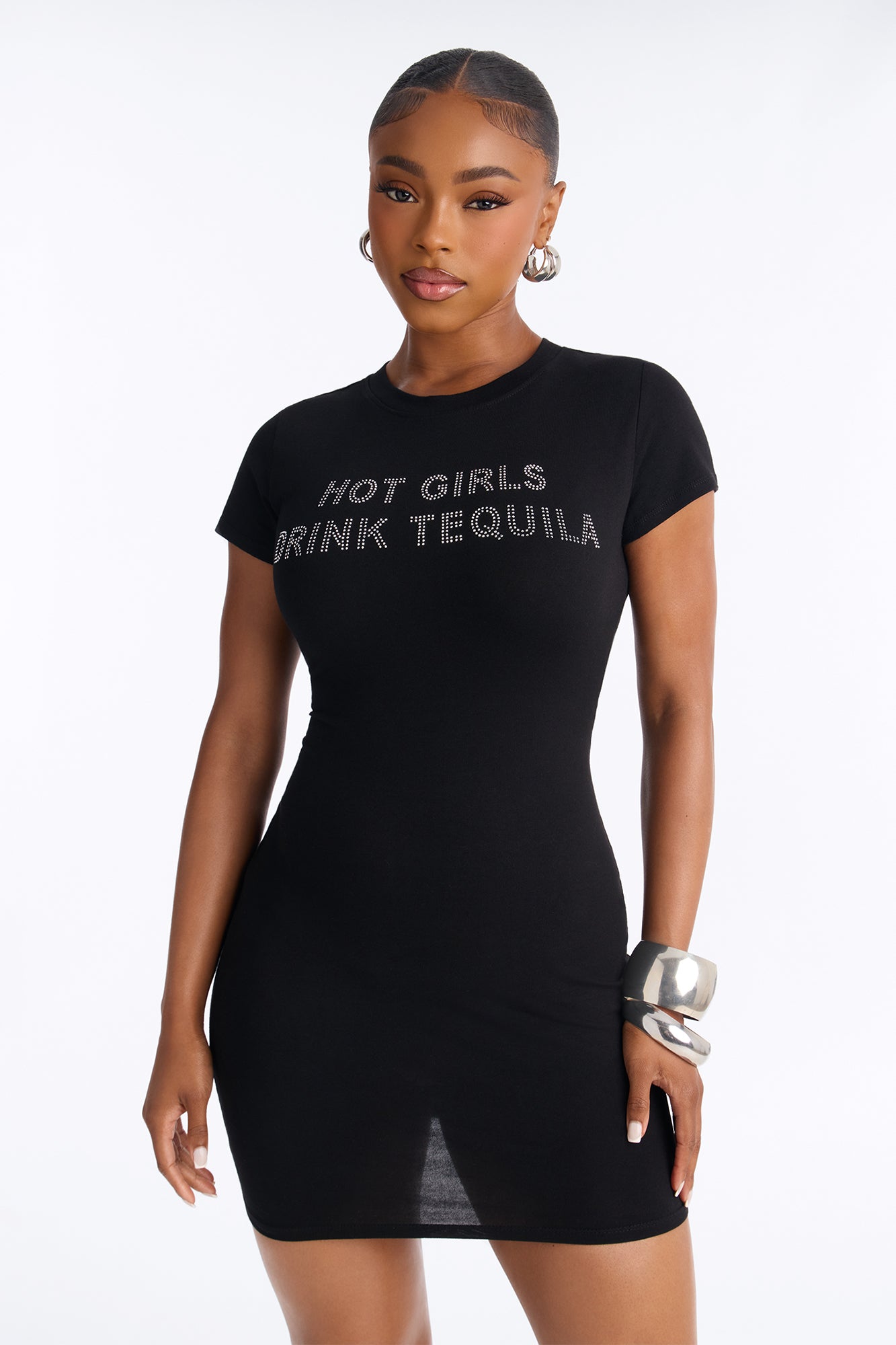 Hot Girls Drink Tequila Embellished Mini Dress - Black