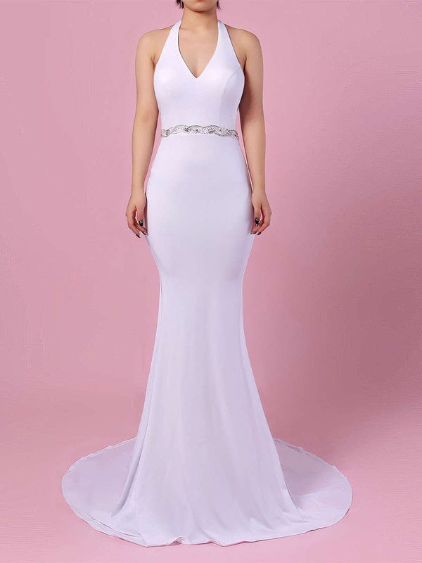 Sexy Court Train V-Neck Mermaid Halter Sleeveless Wedding Dresses with Sash