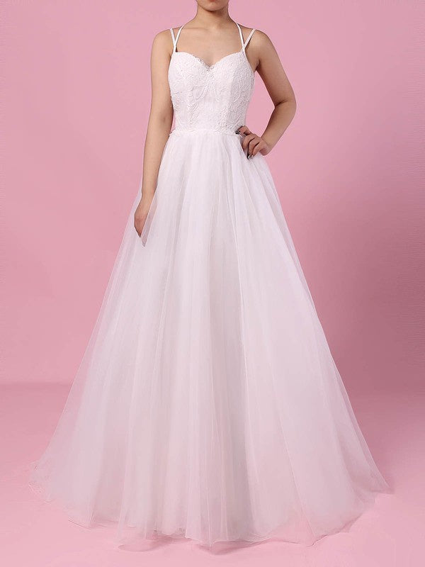 Glamorous V-Neck Criss Cross Straps Tulle Sweep Train Ball Gown Wedding Dresses