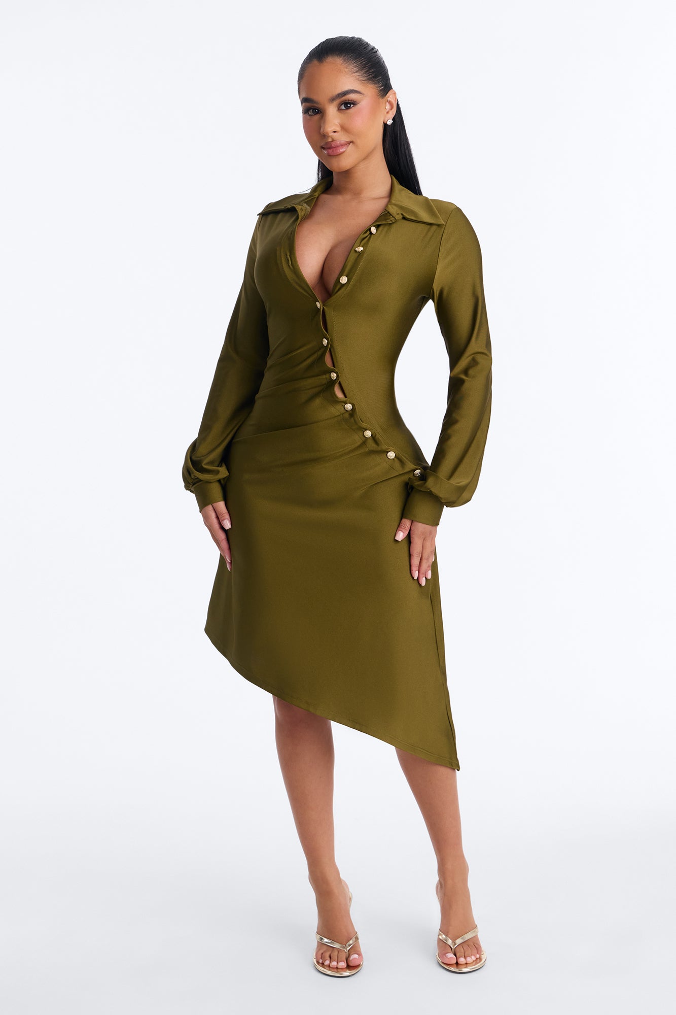 Give Me The Details Button Up Midi Dress - Olive
