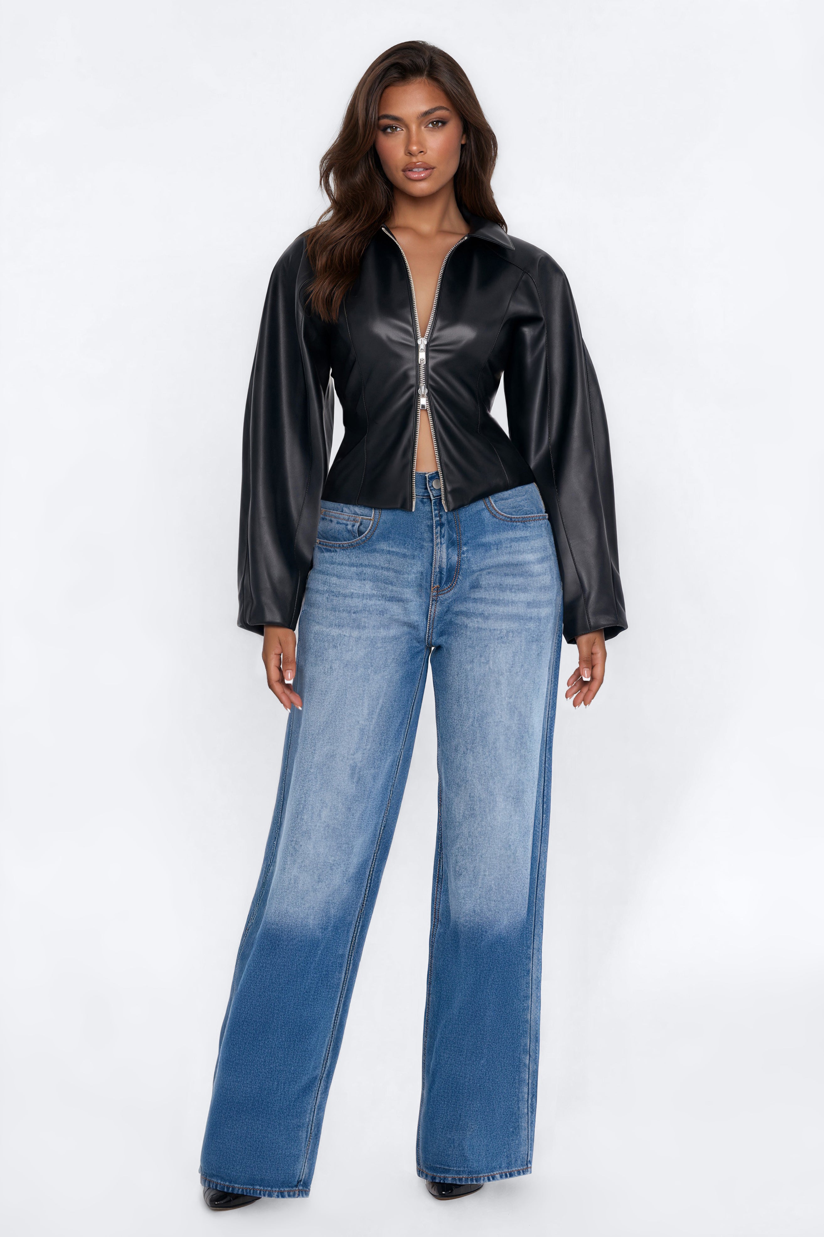 Rianna Faux Leather Cinched Waist Zip Jacket - Black