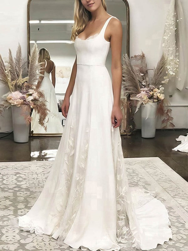 Gorgeous A-Line Square Neck Stretch Satin Lace Wedding Dresses with Sweep Train