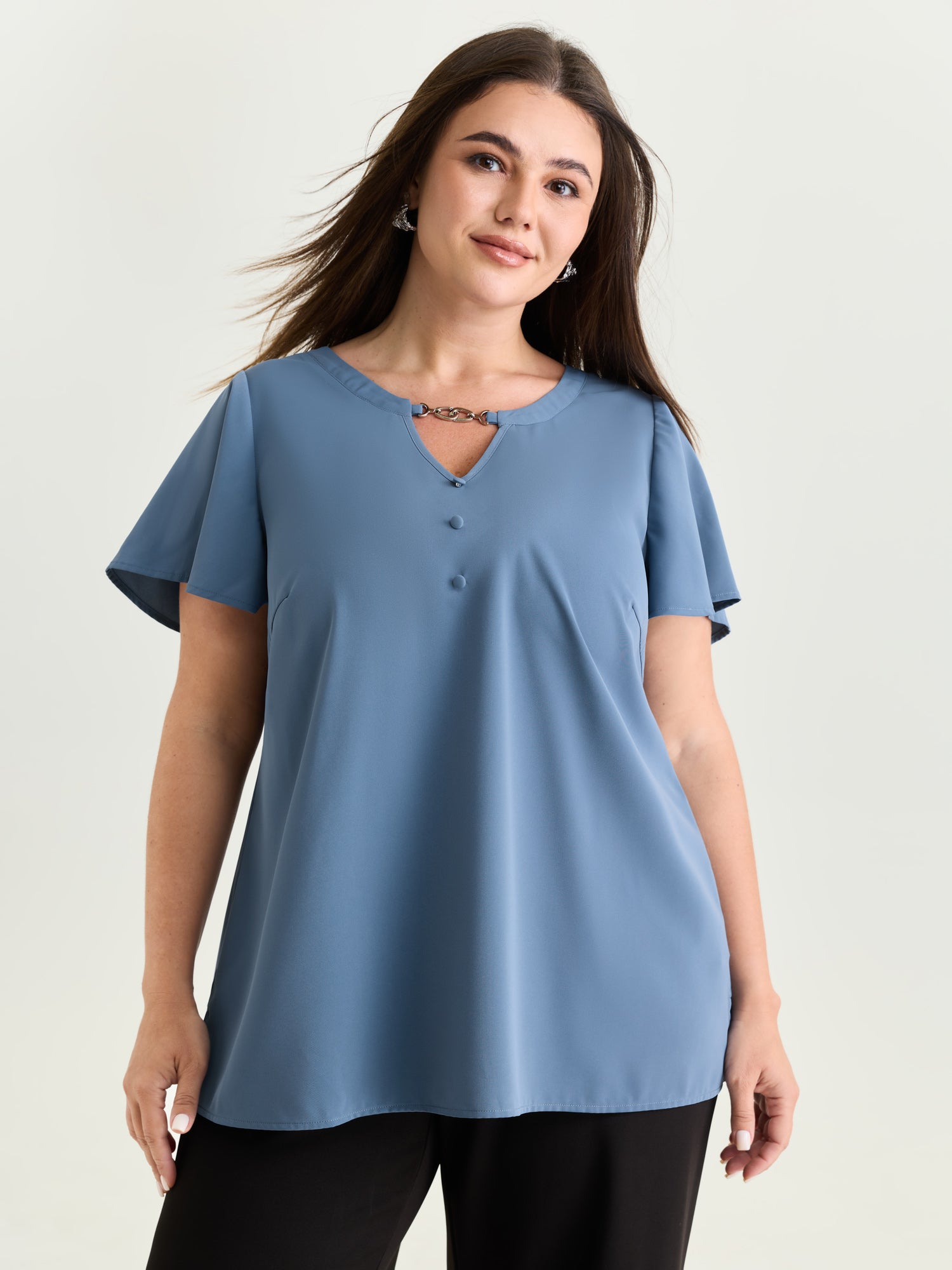 Button Detail Metal Loop Neckline Blouse