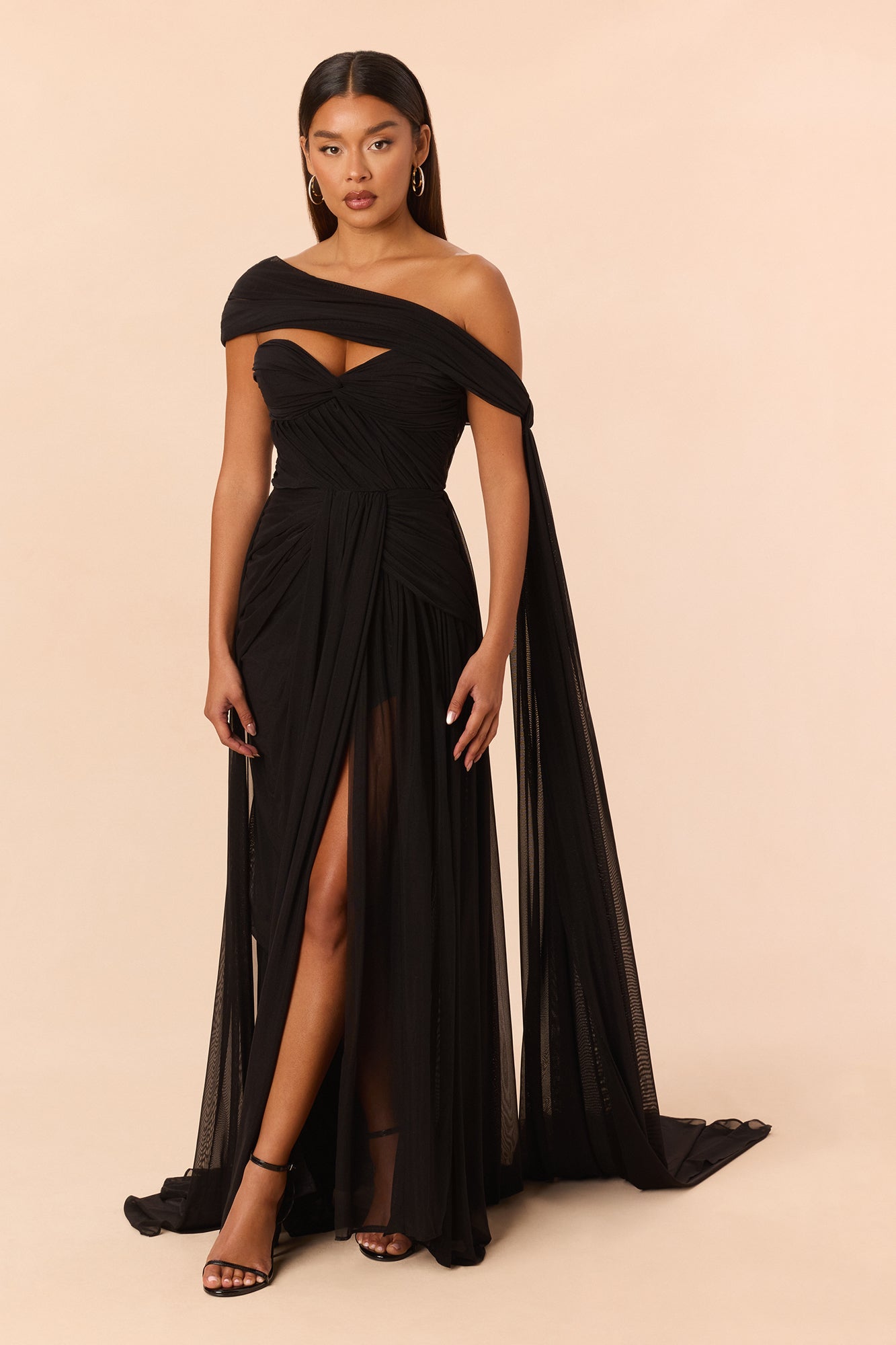 Joselyn Draped Mesh Gown - Black