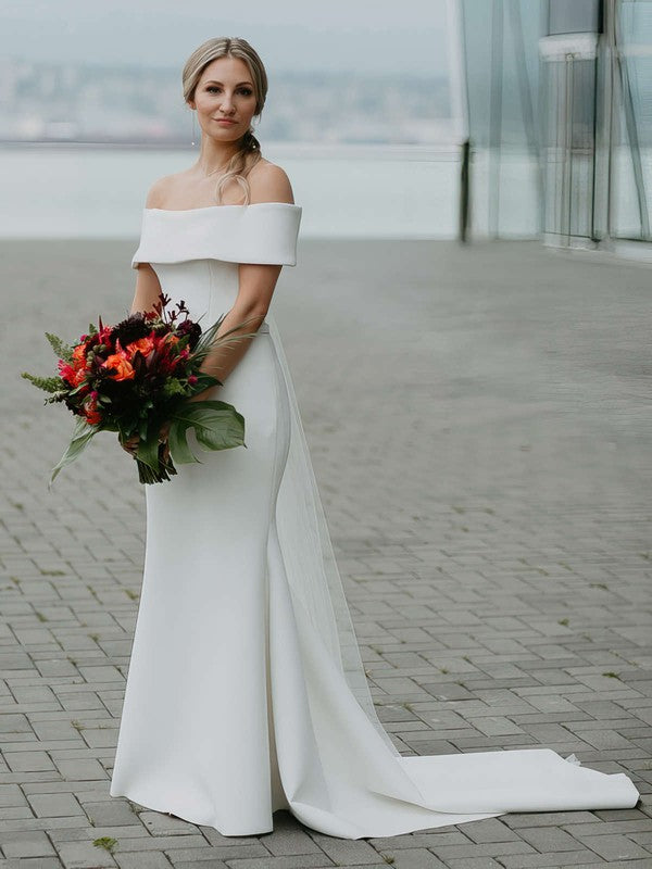 Elegant Trumpet Off-The-Shoulder Stretch Satin Court Train Wedding Dresses
