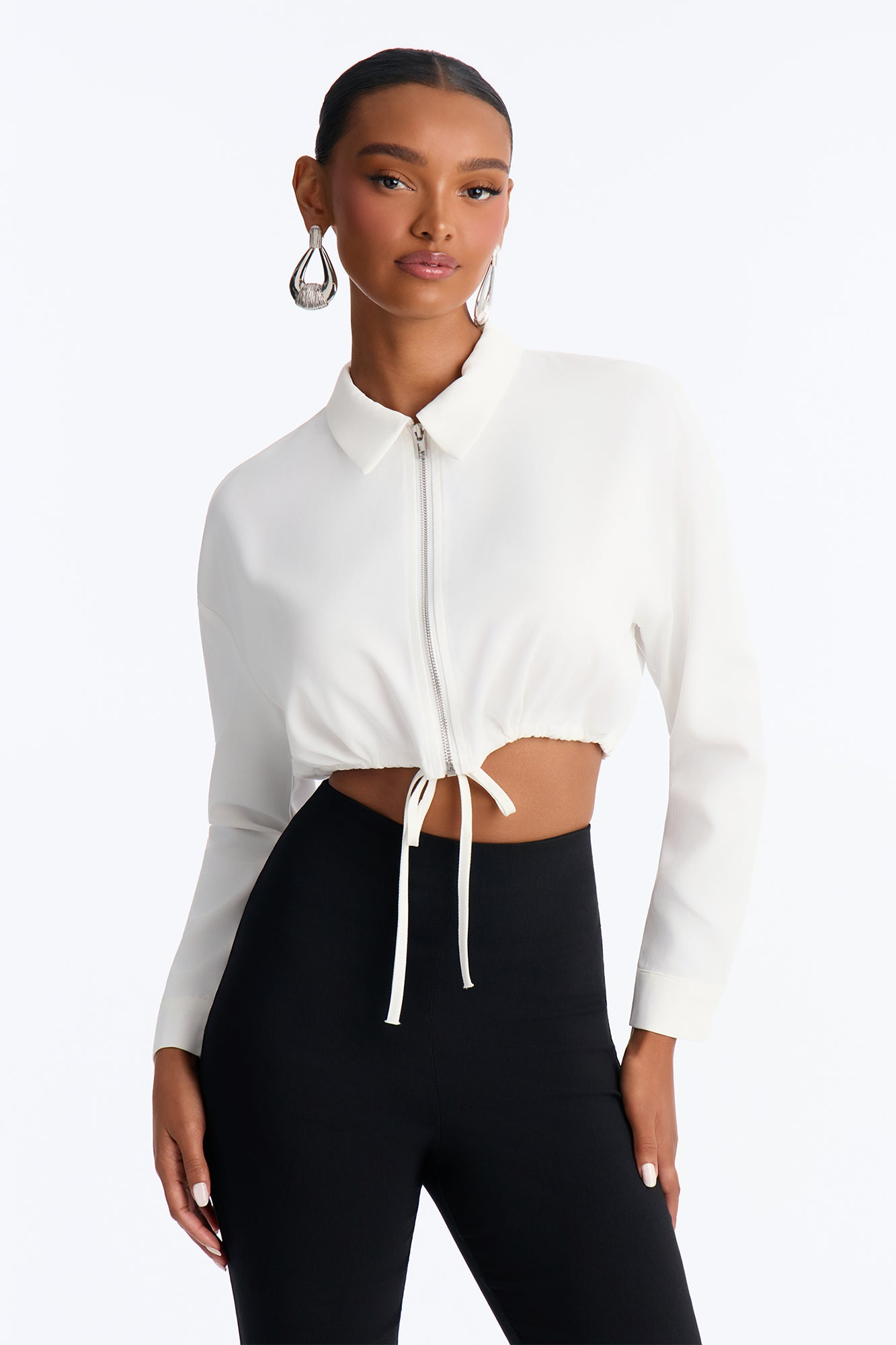 Taylor Long Sleeve Front Zip Drawstring Zip Up Top - White