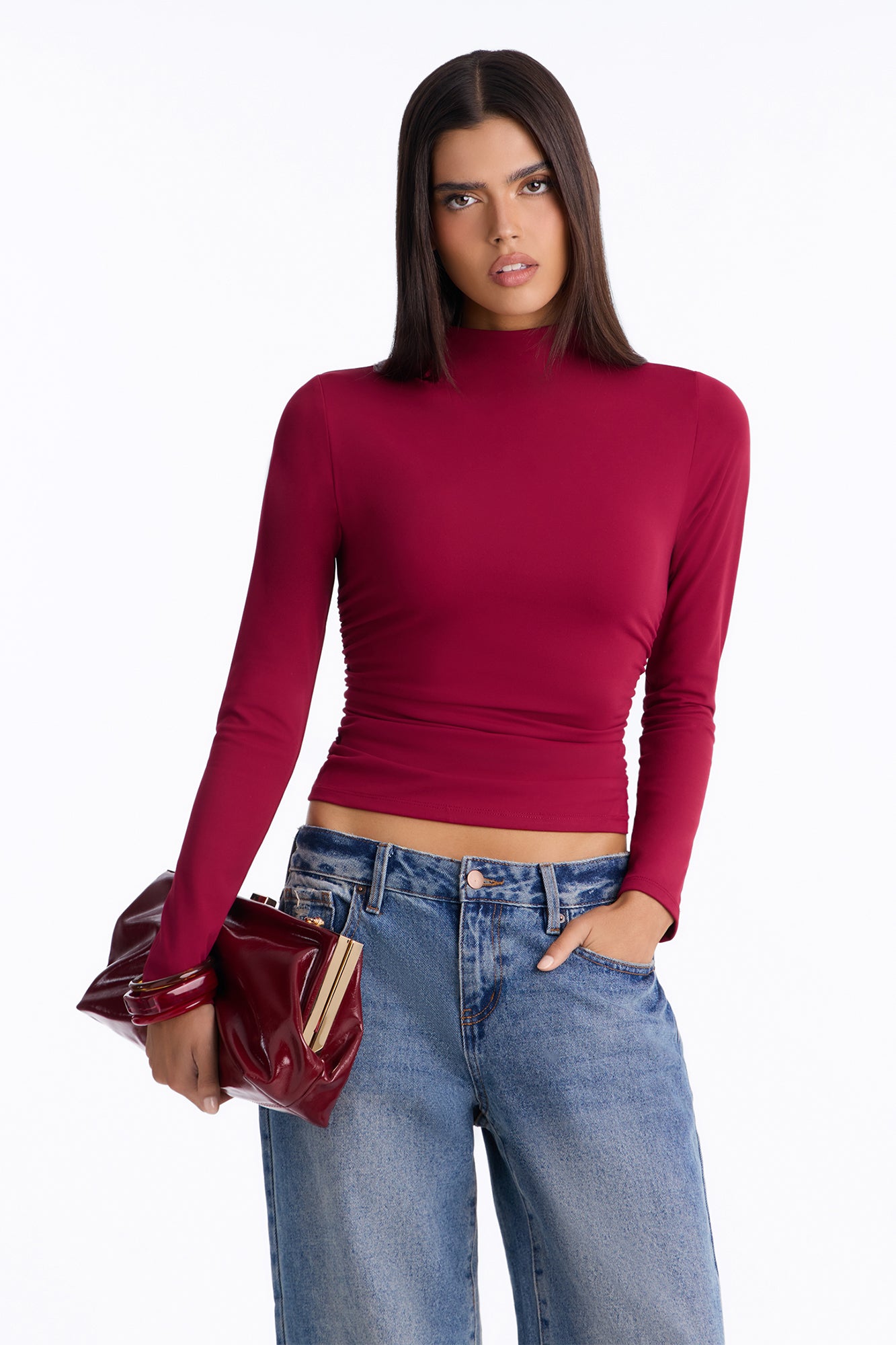 Hayden Ruched Mock Neck Top - DarkRed