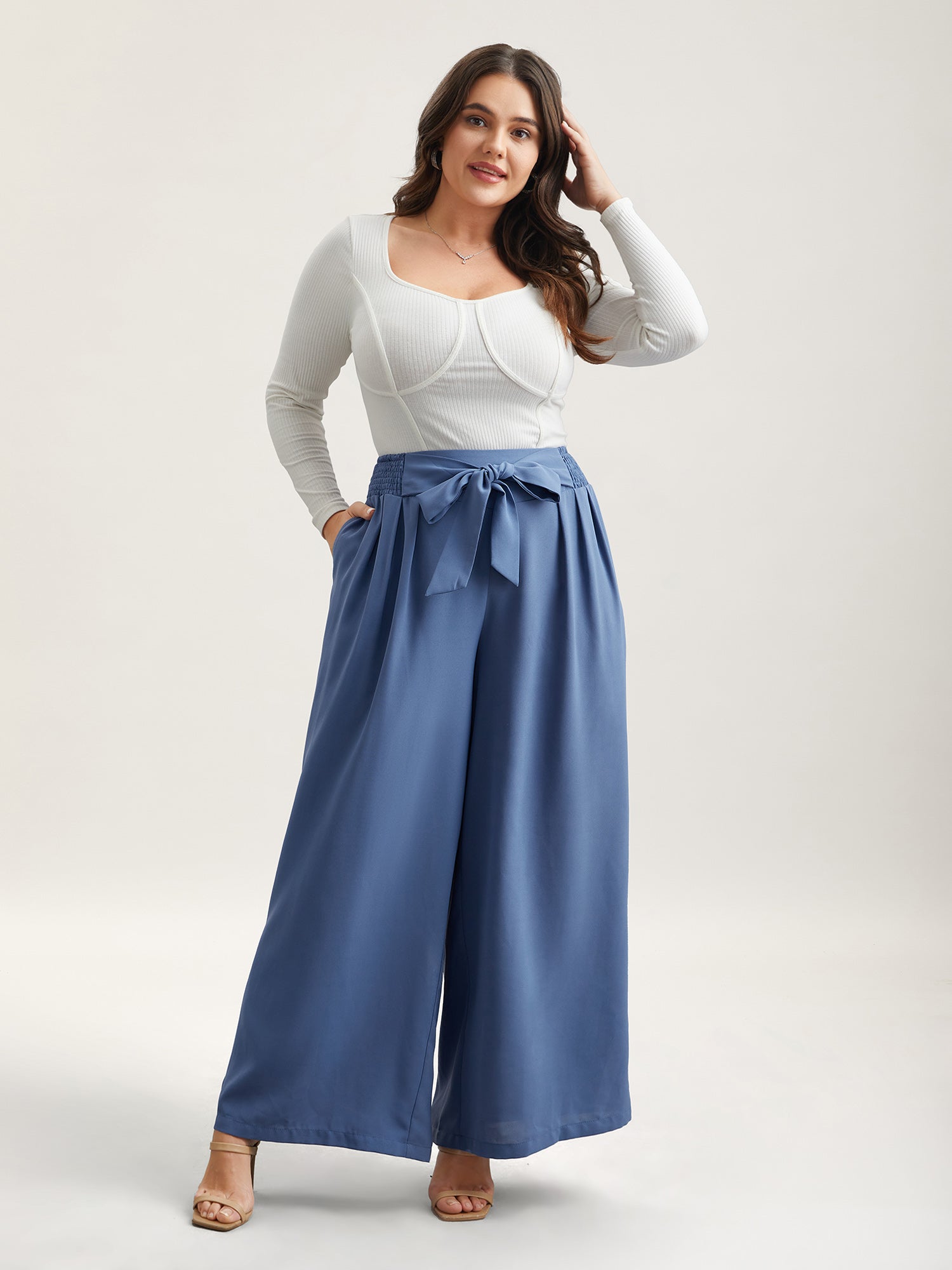 Smocked Waist-Tie Flared Pants