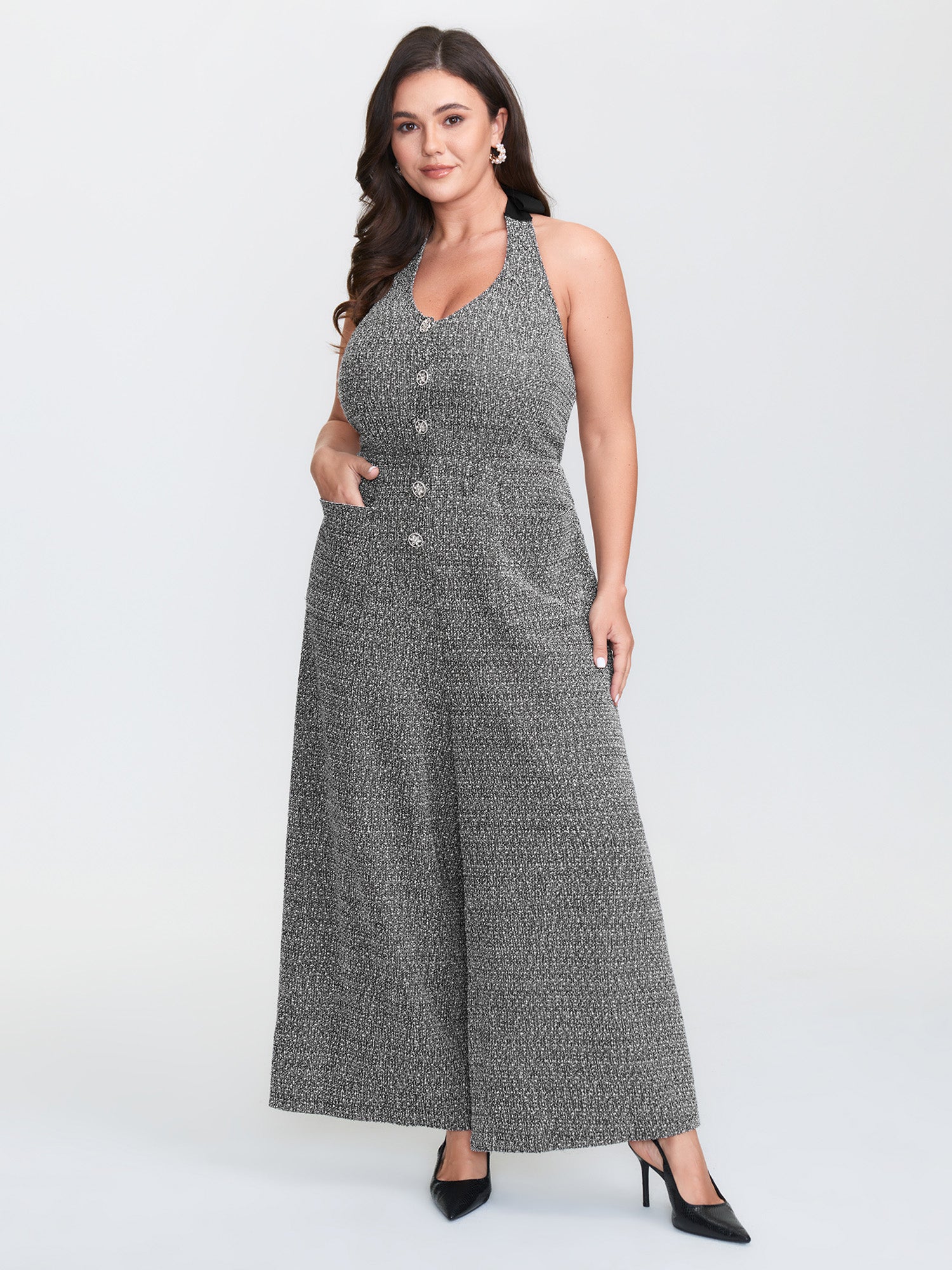 Tweed Backless Halter Neck Stretchy Waist Jumpsuit