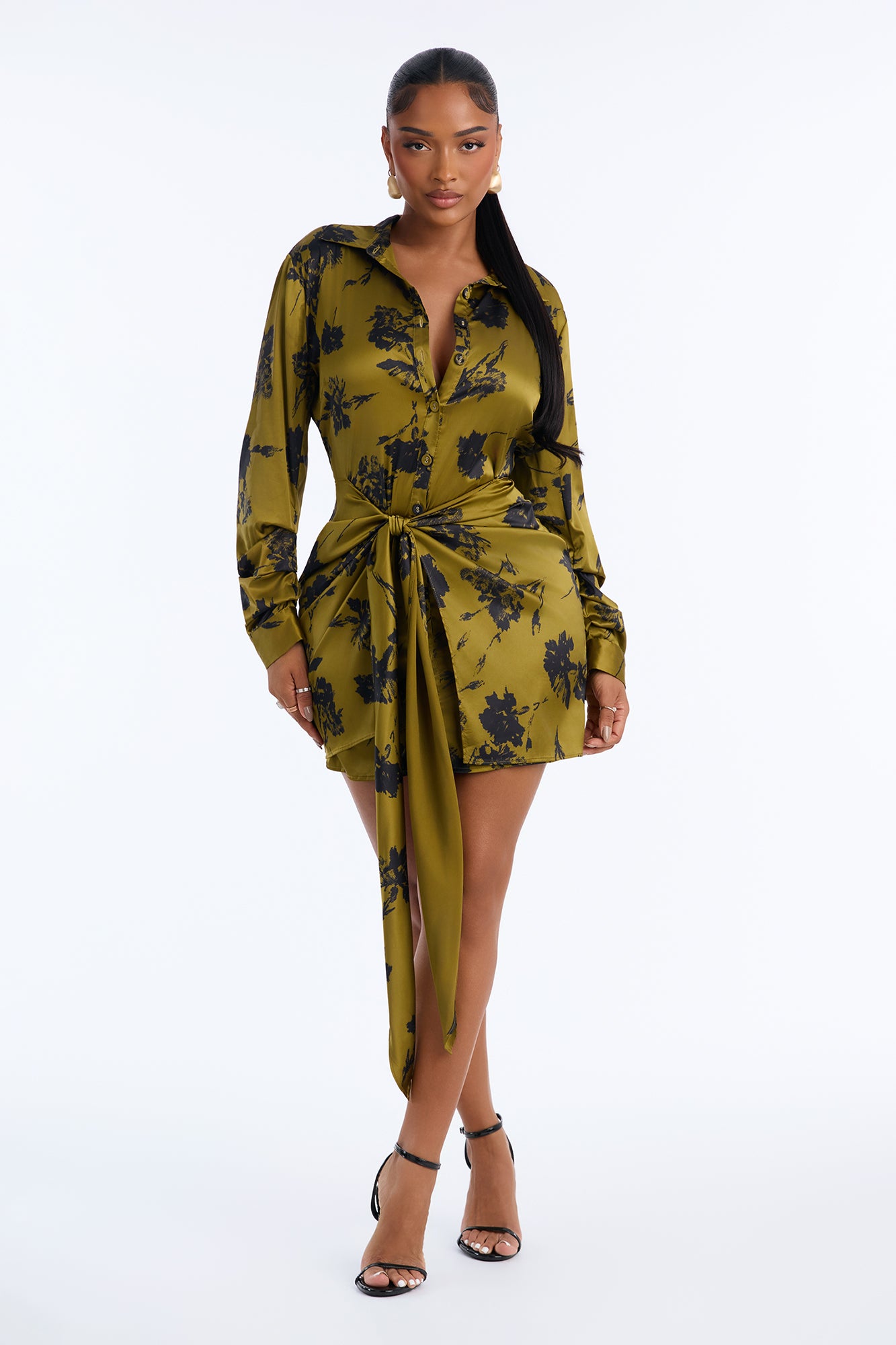 Faye Floral Satin Tie Front Mini Dress - Chartreuse