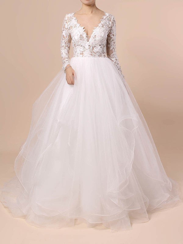 Exquisite Sweep Train V-Neck Long Sleeves Organza Lace Ball Gown Wedding Dresses