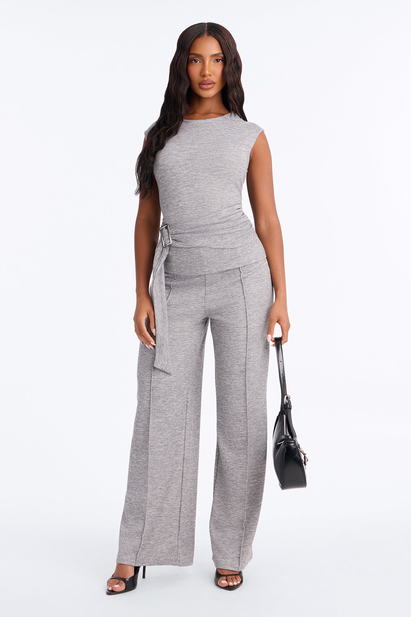Liz Tie Front Textured Pant Set - Grey