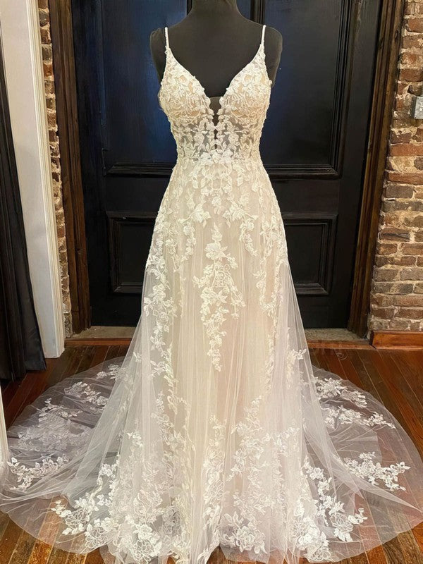 Sexy Backless V-Neck Tulle Lace A-Line Wedding Dresses with Appliques