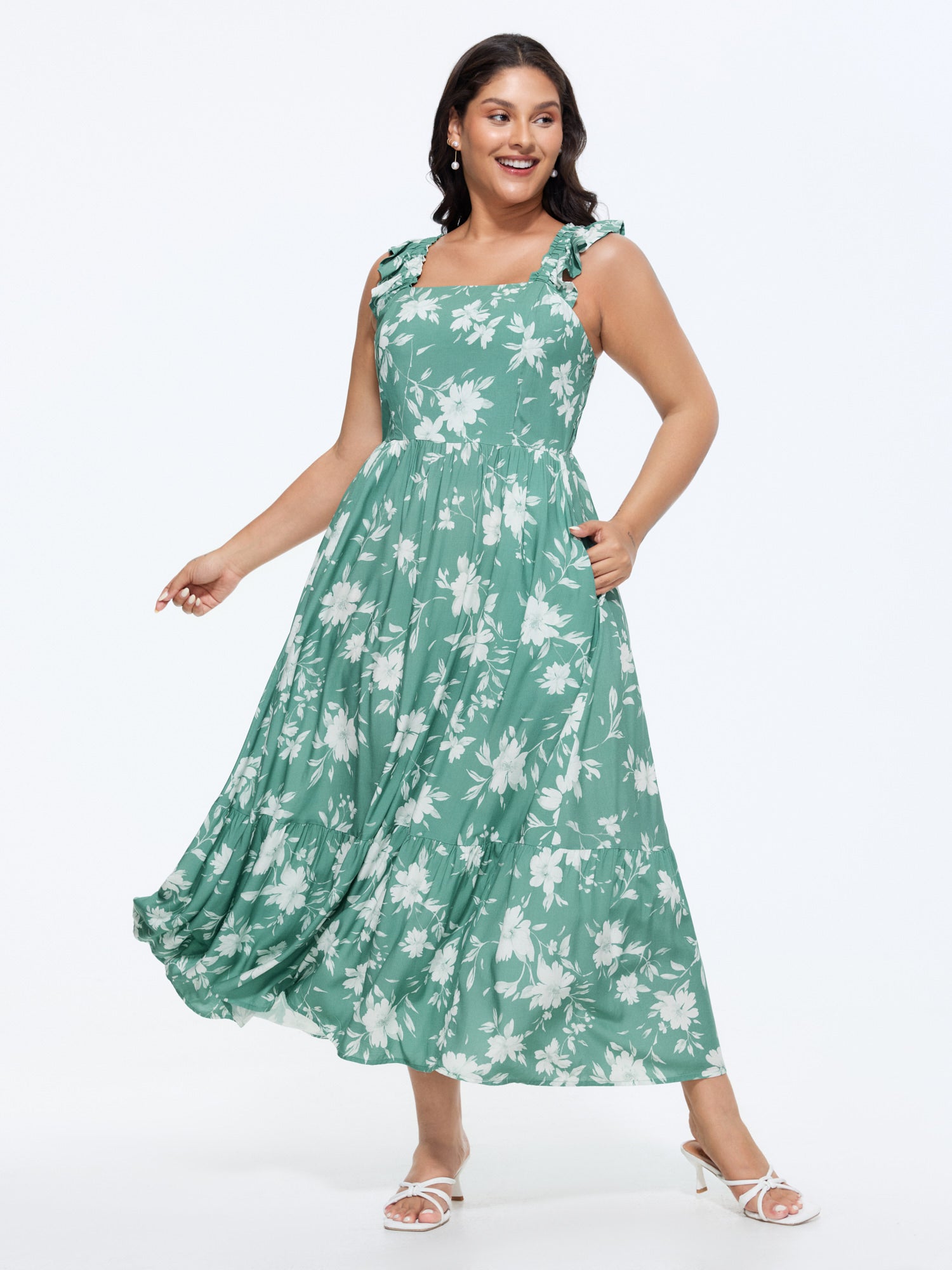 Floral Print Ruffled Straps Flowy Maxi Dress