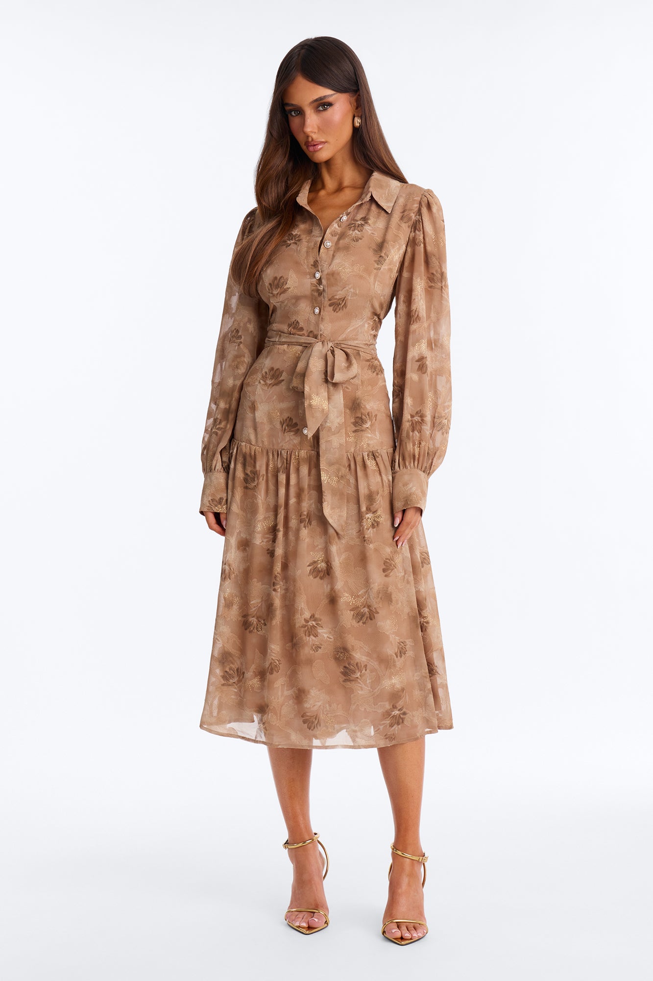 Daydreamer Chiffon Long Sleeve Midi Dress - Nude/combo