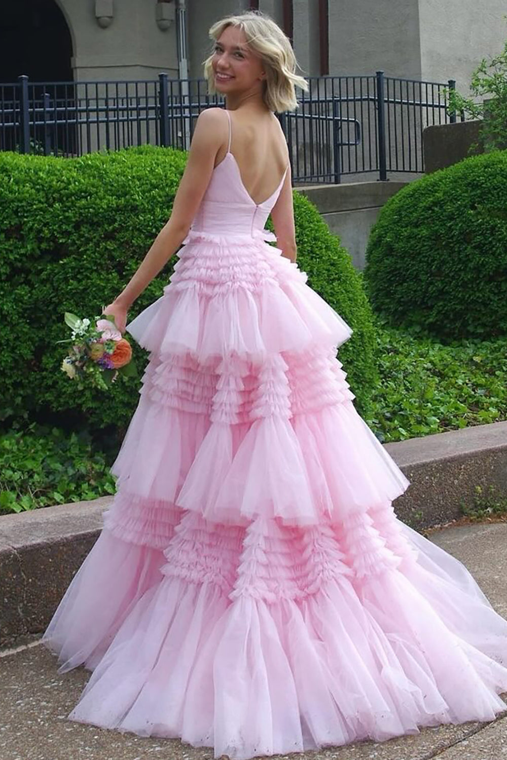 Long A-Line Prom Dress with Pink Tulle and Spaghetti Straps in Tiered Layers