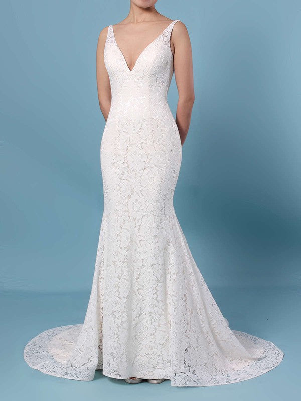 Elegant Mermaid V-Neck Sleeveless Lace Sweep Train Wedding Dresses