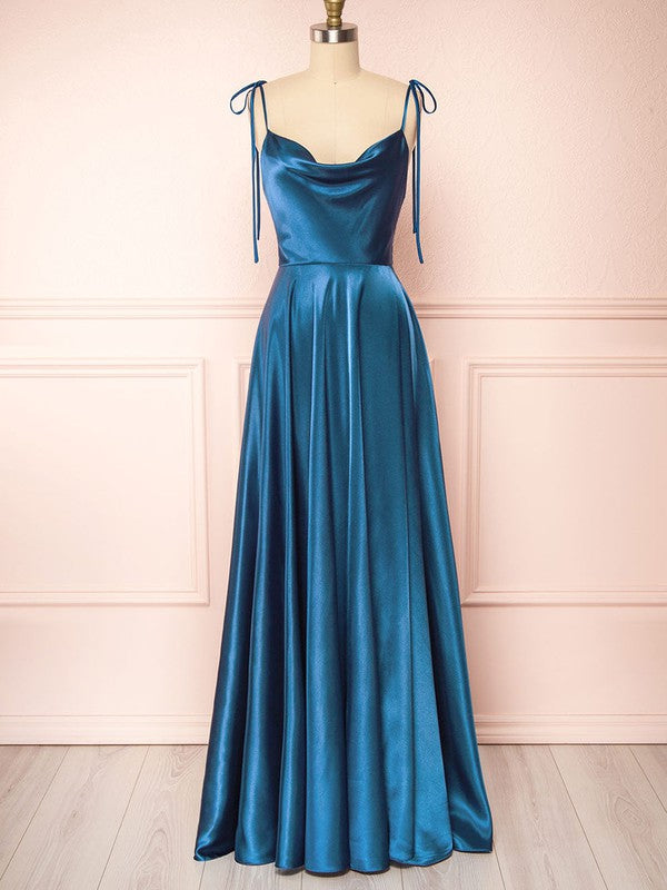 Fashionable A-Line Cowl Neck Sleeveless Satin Ruffles Bridesmaid Dresses with Sweep Train