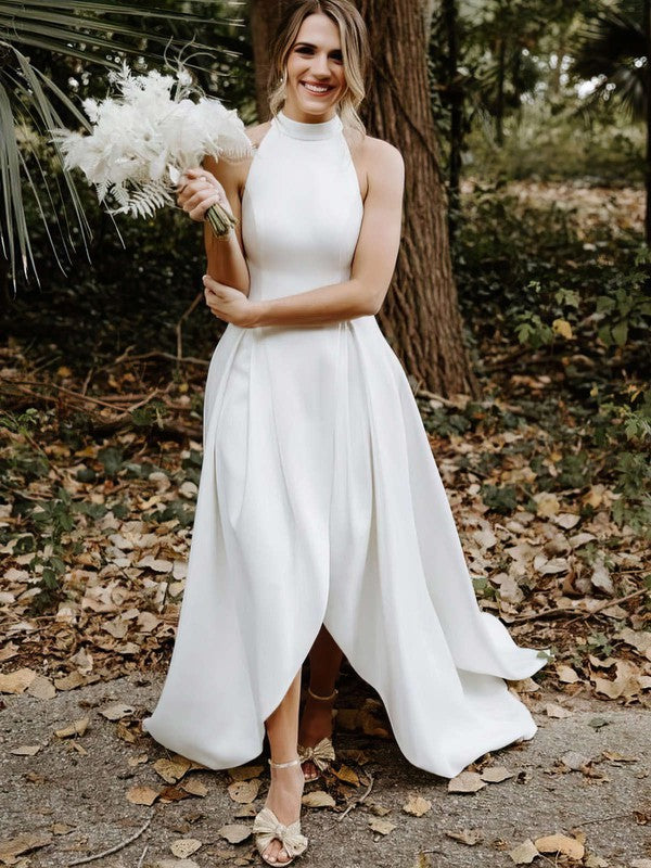 Beautiful A-Line High Neck Satin Court Train Wedding Dresses