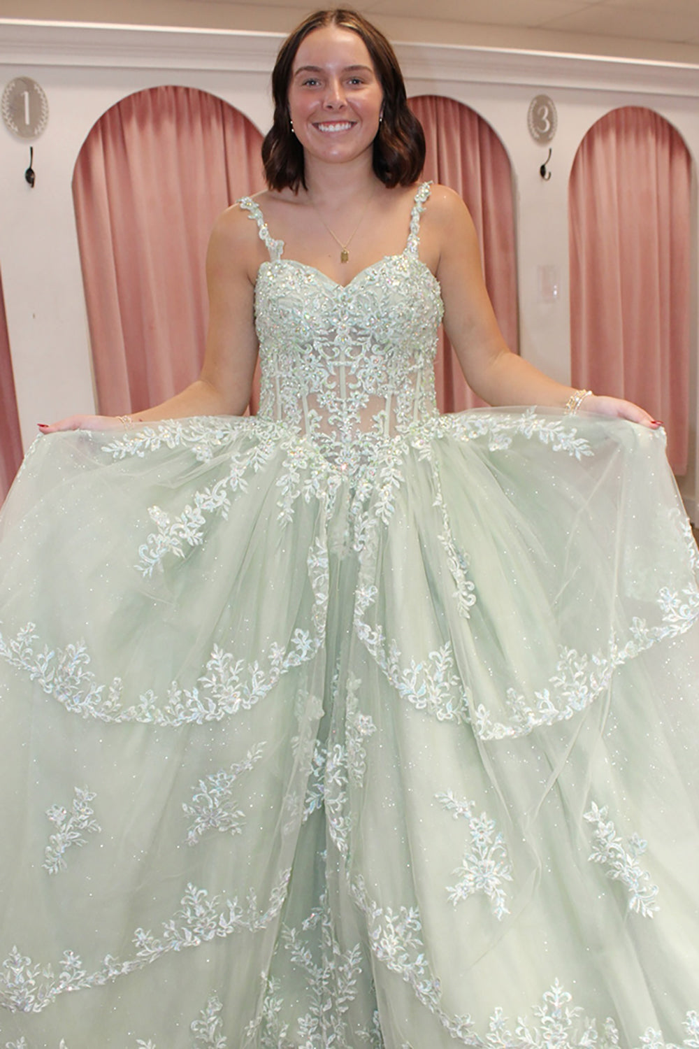 Light Green Sparkly Strapless Corset Prom Dress with Tiered Tulle and Appliques